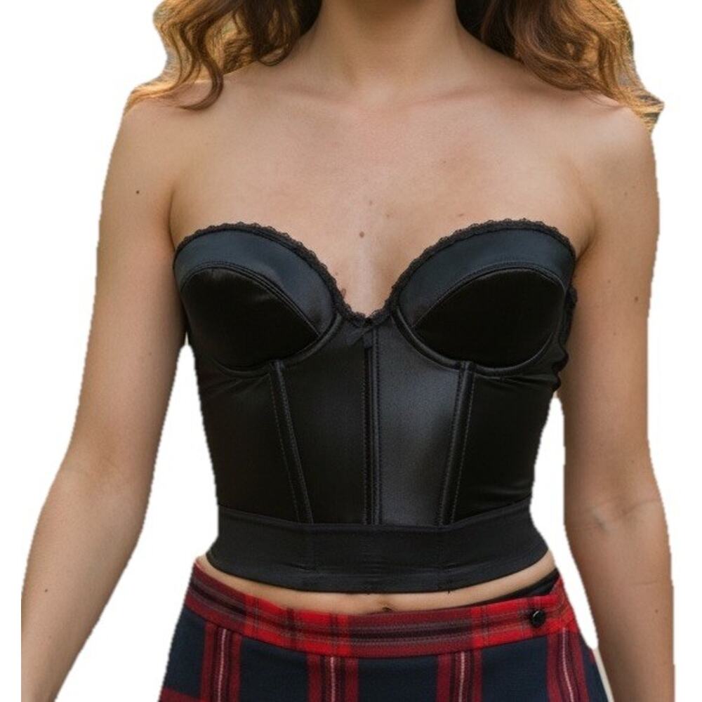 VTG Victoria’s Secret Satin Corset Bra 34C Black Bustier Boned 90s Y2K